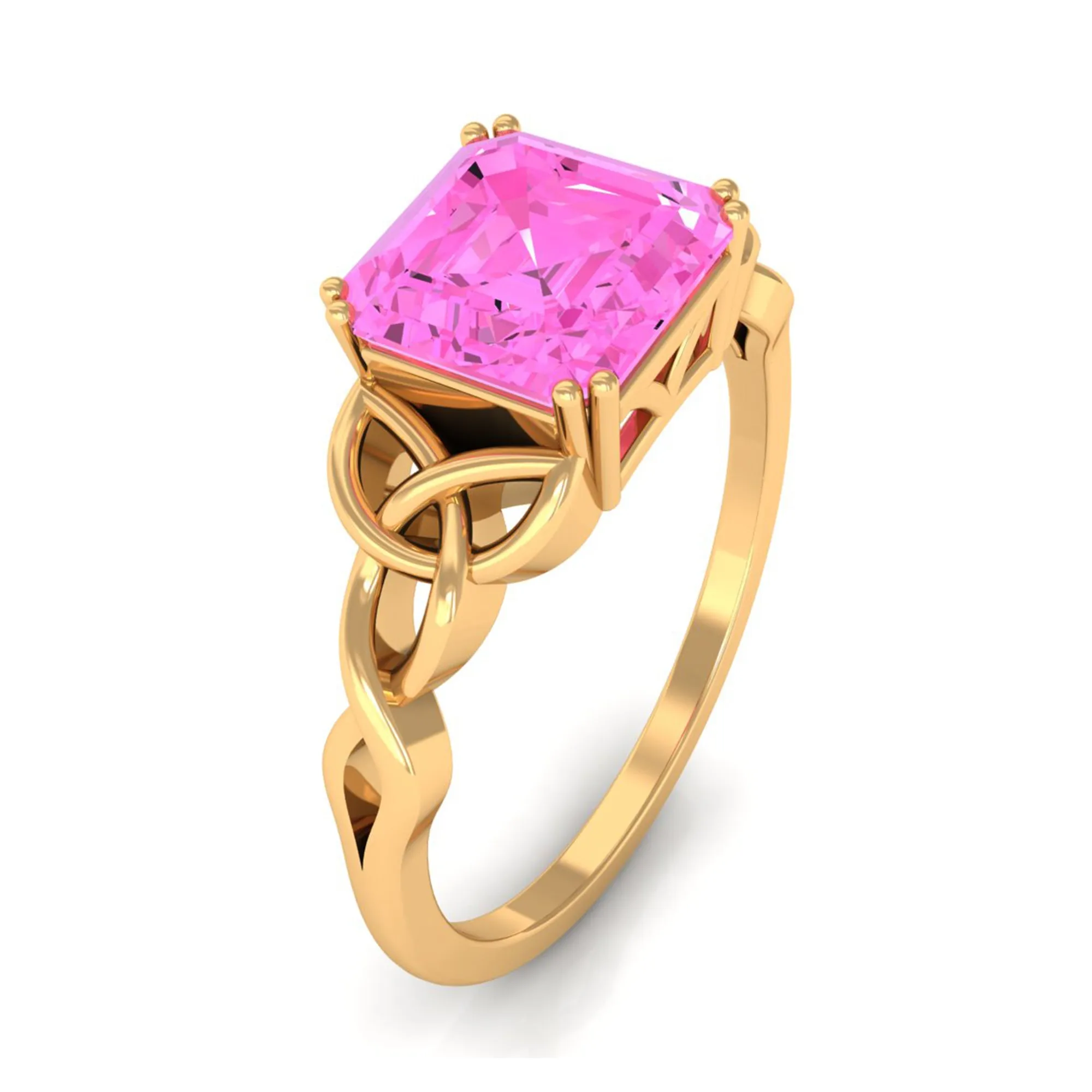 Asscher Cut Lab Grown Pink Sapphire Solitaire Celtic Knot Ring