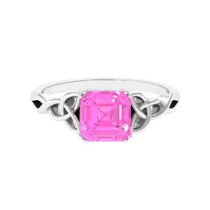 Asscher Cut Lab Grown Pink Sapphire Solitaire Celtic Knot Ring