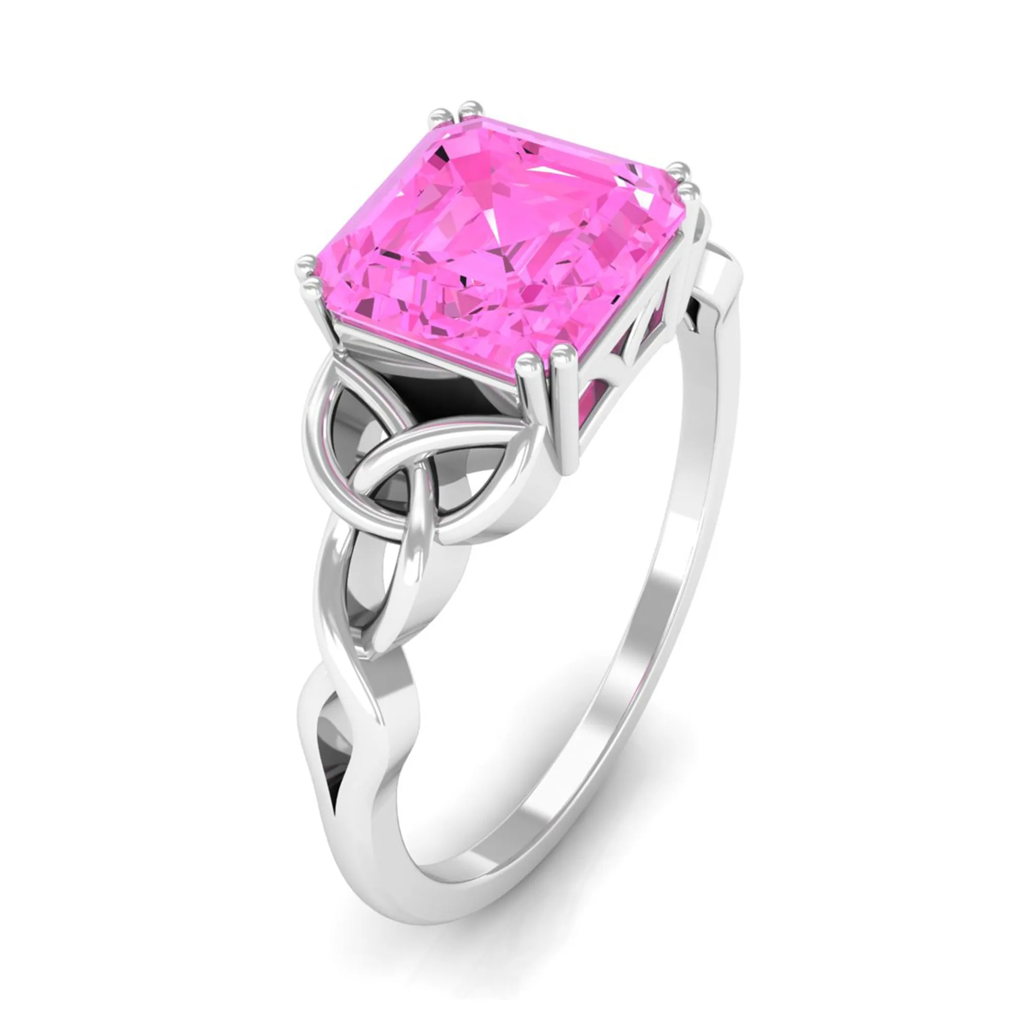 Asscher Cut Lab Grown Pink Sapphire Solitaire Celtic Knot Ring