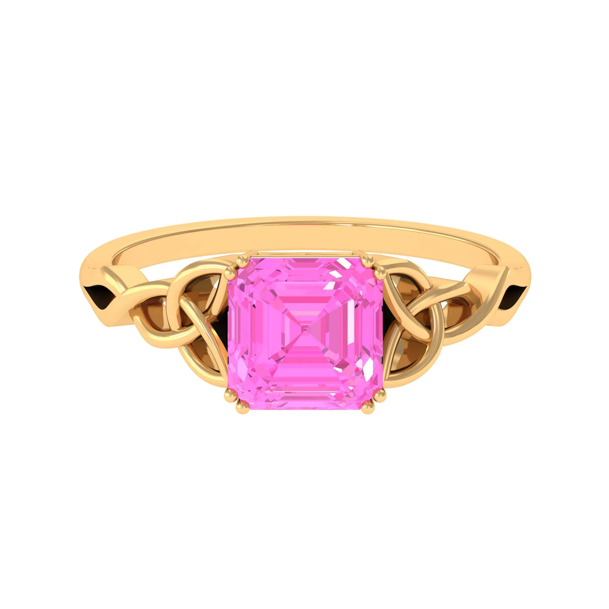 Asscher Cut Lab Grown Pink Sapphire Solitaire Celtic Knot Ring