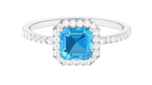 Asscher Cut Real Swiss Blue Topaz Halo Engagement Ring with Diamond