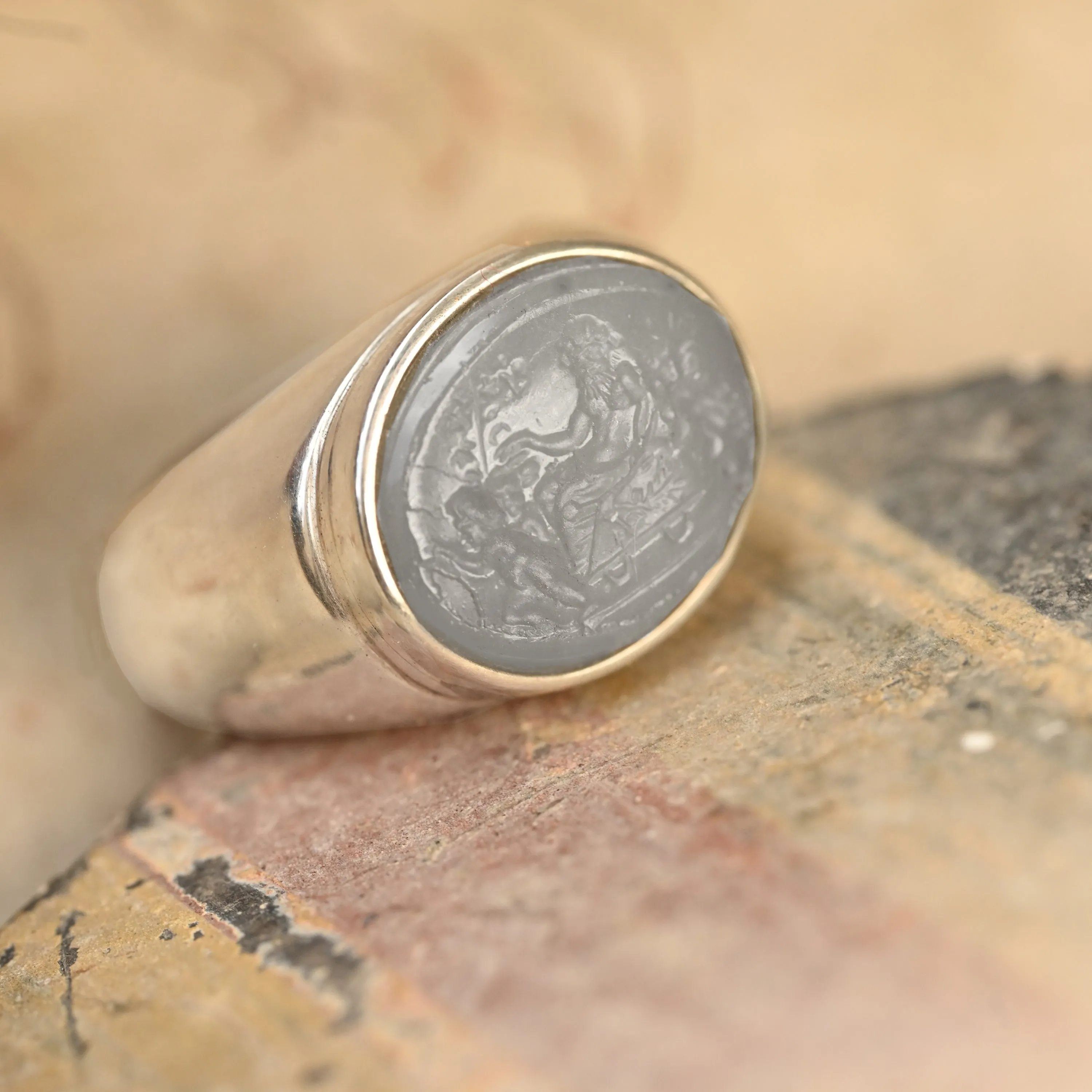 Authentic Glass intaglio Grand Tour Era Silver ring depicting Dionysian scene with Silenus and Erote