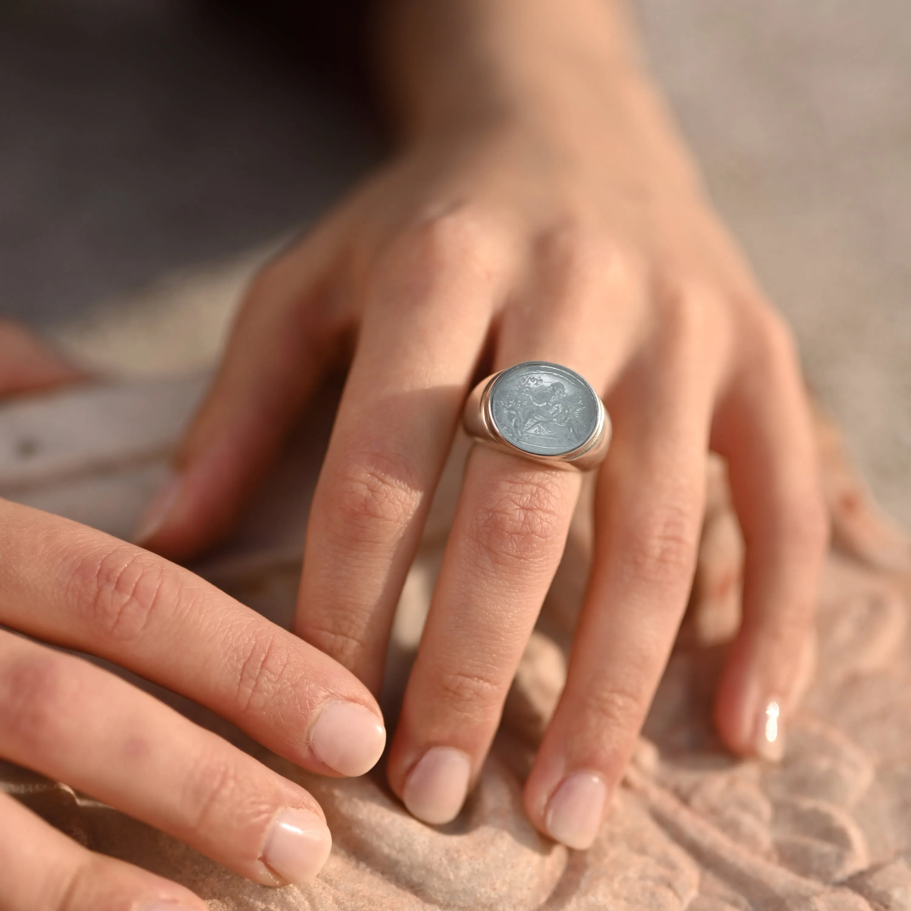 Authentic Glass intaglio Grand Tour Era Silver ring depicting Dionysian scene with Silenus and Erote