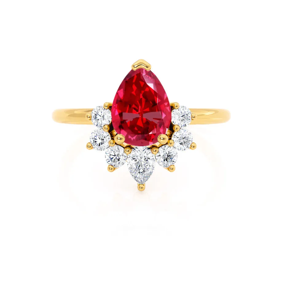 BALLET - Chatham® Pear Ruby & Diamond Half Halo Tiara Ring 18k Yellow Gold