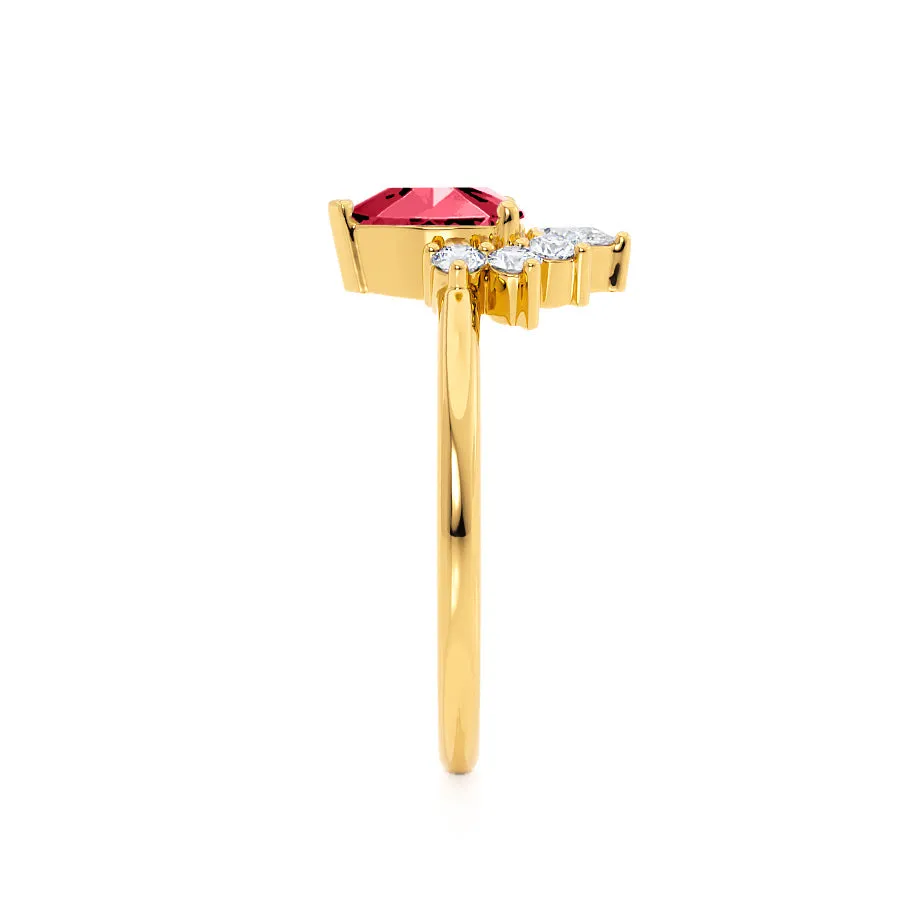 BALLET - Chatham® Pear Ruby & Diamond Half Halo Tiara Ring 18k Yellow Gold