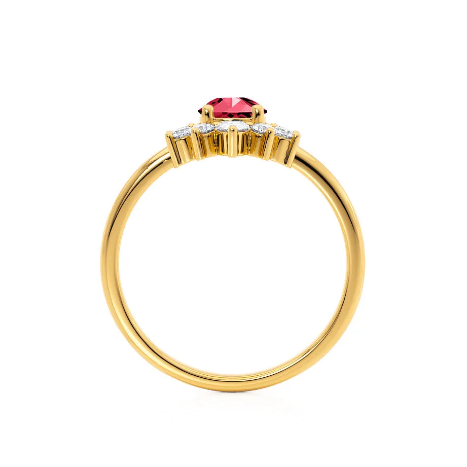 BALLET - Chatham® Pear Ruby & Diamond Half Halo Tiara Ring 18k Yellow Gold