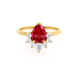 BALLET - Chatham® Pear Ruby & Diamond Half Halo Tiara Ring 18k Yellow Gold