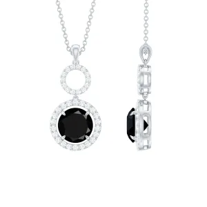 Black Onyx and Diamond Halo Dangle Pendant Necklace