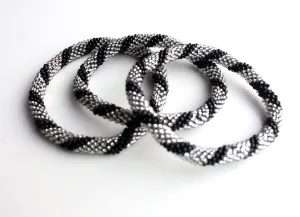 Black Silver Hand Crocheted Roll On Bracelet