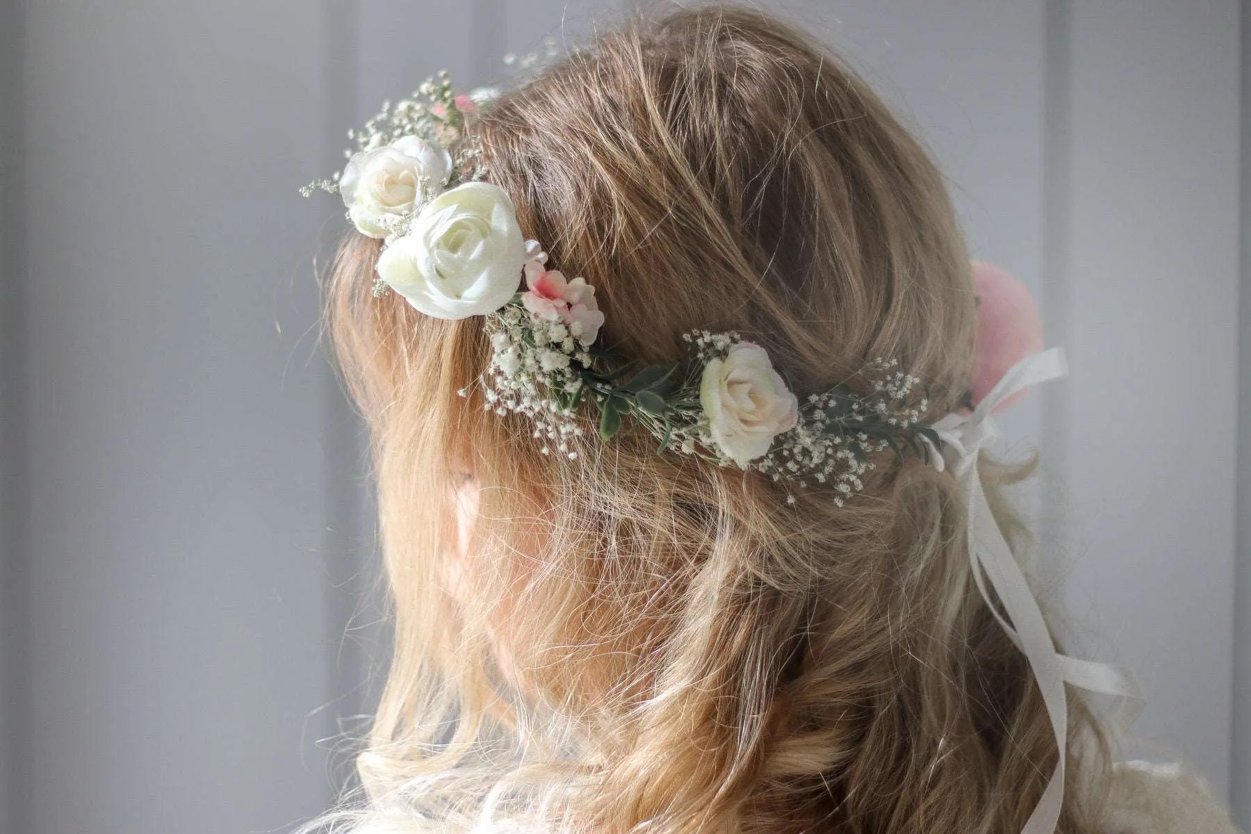 Blush Pink Peony and Little Baby's Breath Bridal Flower Crown with silk roses