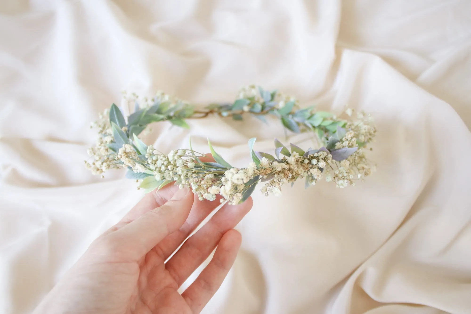 Boho Flower Wreath, Baby's Breath Flower Crown, Woodland Flower Crown, Rustic Forest Herbs, Boxwood Wedding Crown, Bride Crown, Green Crown