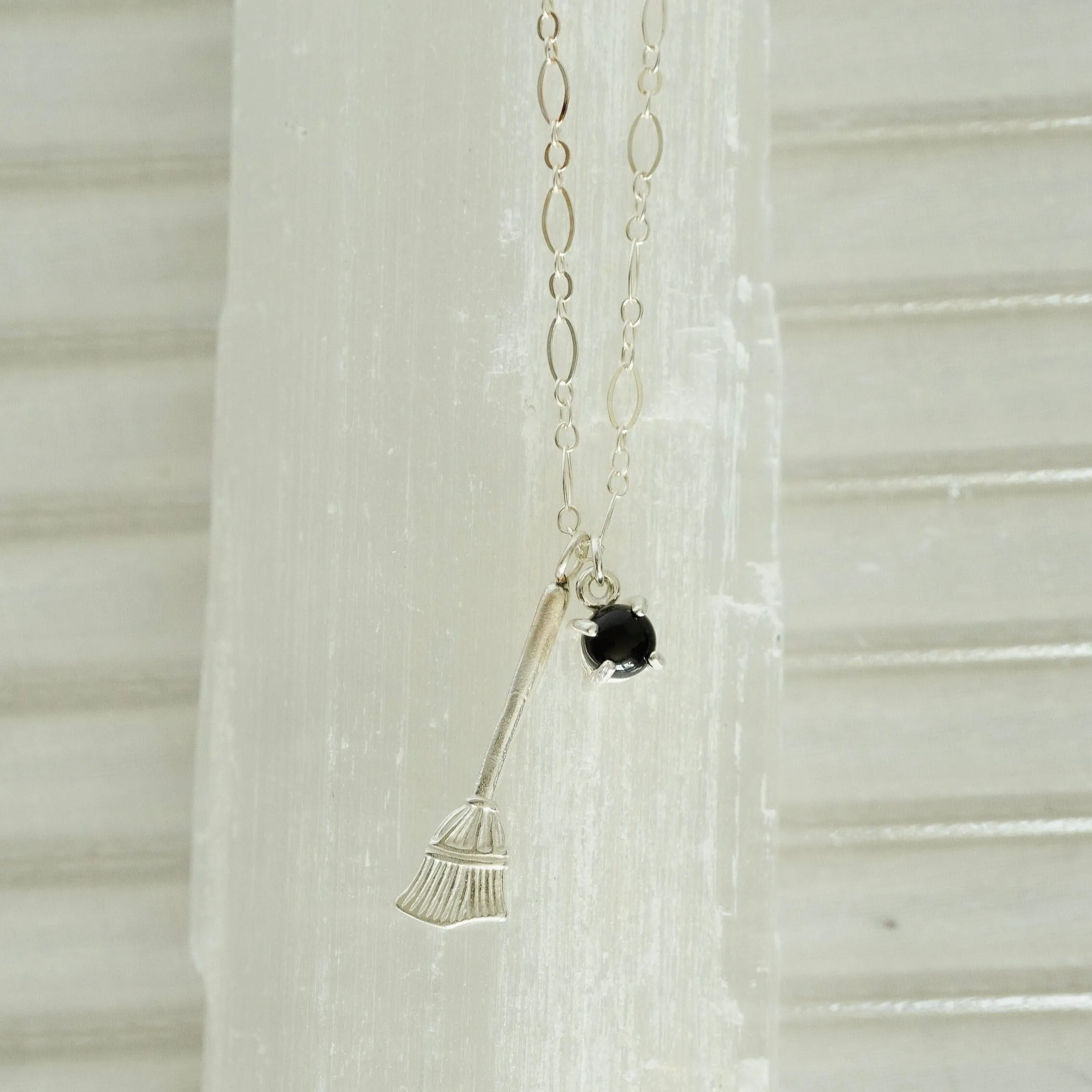 Broom and Gemstone Sterling Silver Charm Necklace