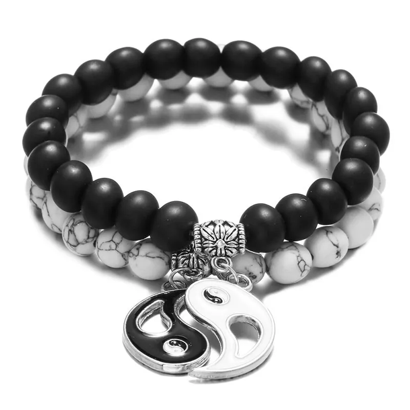 Buddha Stones 2pcs Natural Black Onyx White Turquoise Bead Yin Yang Couple Bracelet