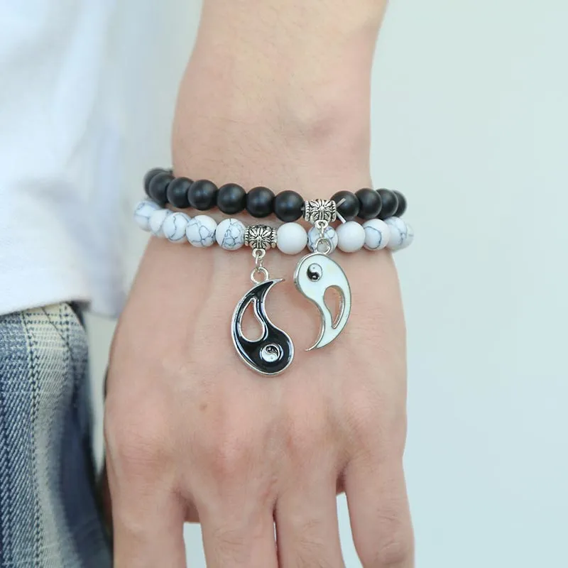 Buddha Stones 2pcs Natural Black Onyx White Turquoise Bead Yin Yang Couple Bracelet