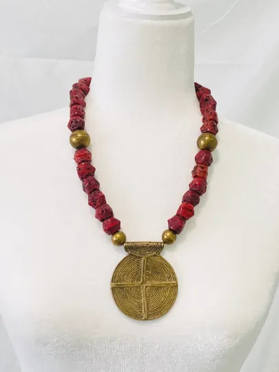 Coral Necklaces, Coral Bead Jewelry, Handmade Red Jewelry, Bronze Neckpiece, Choker style Necklace, Tribal Necklace, Boho Jewelry,Beaded Necklace