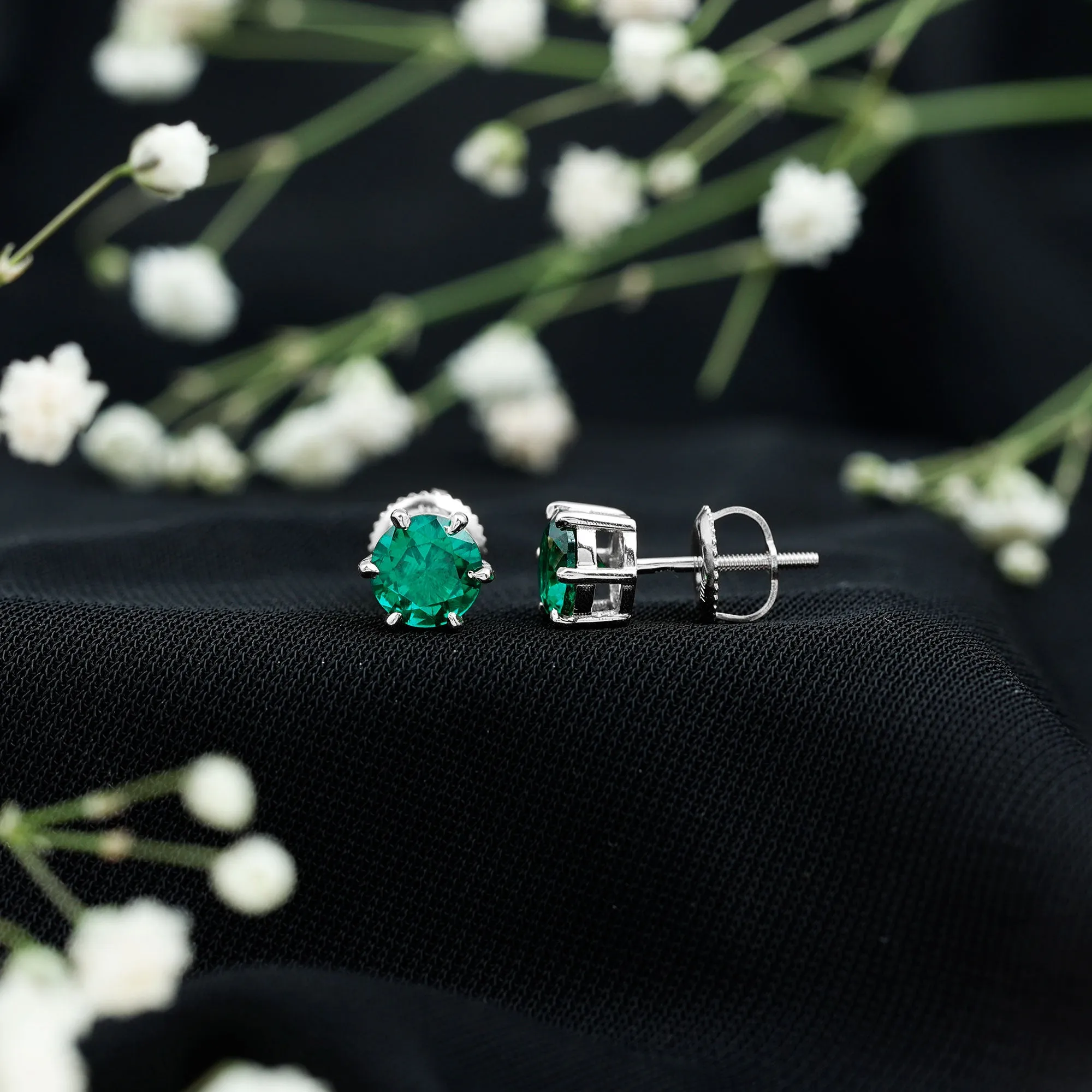 Created Emerald Simple Solitaire Stud Earrings