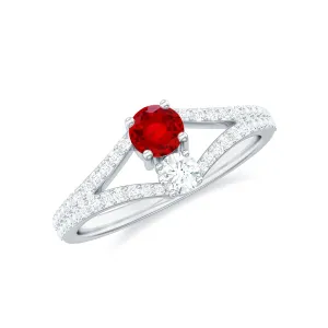 Created Ruby and Diamond Two Stone Split Shank Engagement Ring