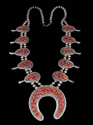 Estate Vintage Sterling Silver Natural Coral Squash Blossom Necklace