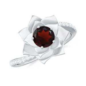 Flower Inspired Garnet Bypass Engagement Ring with Diamond