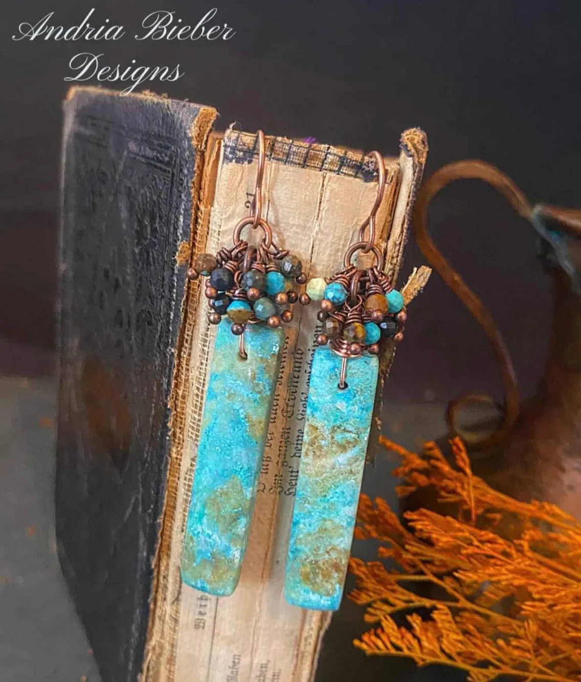 Genuine turquoise stone, Turquoise Dolomite stone, and copper earrings