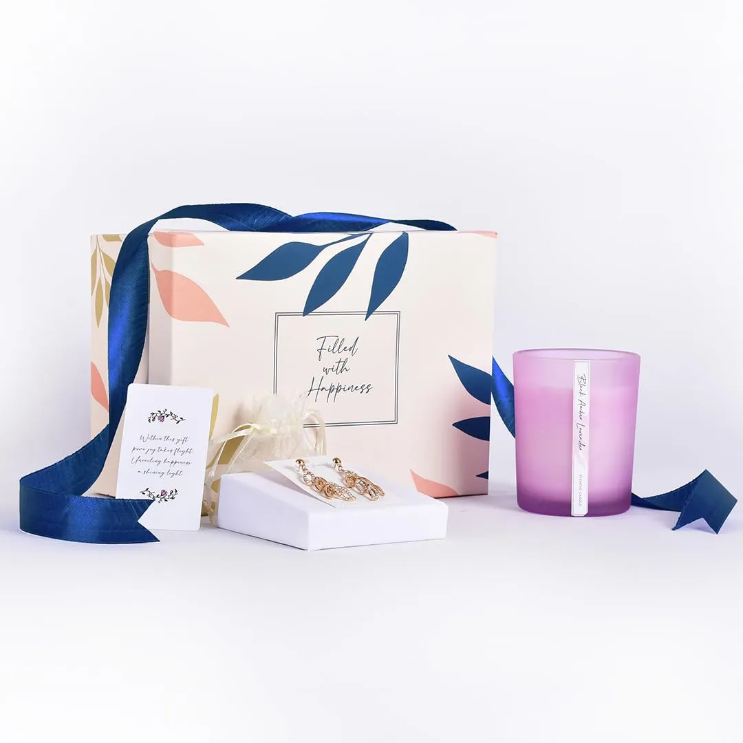 Gleevers Gift Set for Women|Gift Box pack of 2 with Black Amber Lavender Candle 250g & Crystal Drop Earring|Birthday Gift,Anniversary Gift,Valentine Gift,Secret Santa Gifts