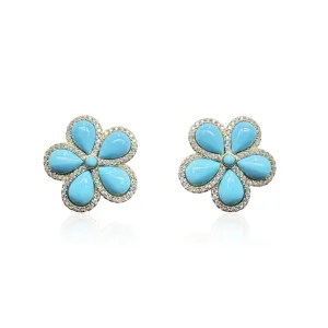 Gold Plated Large Turquoise Flower Earring with CZ Halo