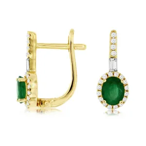 Green Oval Natural Emerald Diamond Halo Leverback Earrings in Yellow Gold