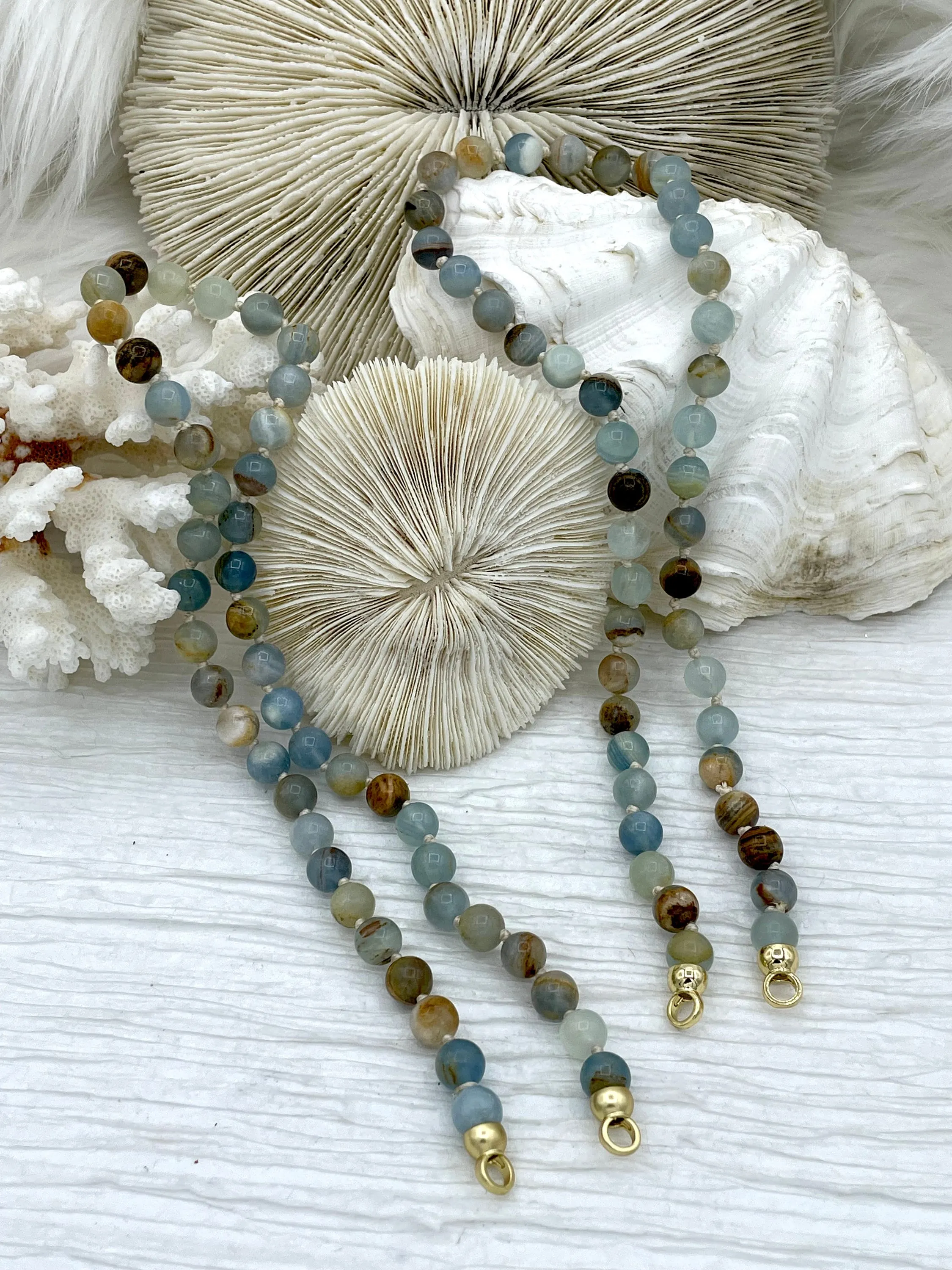 Hand Knotted Stone Necklace AAA Natural Argentine Lemurian Aguatine Calcite Blue Onyx Stone Necklace, 16.5" Long, Gold or Matte Gold End Caps, Fast ship