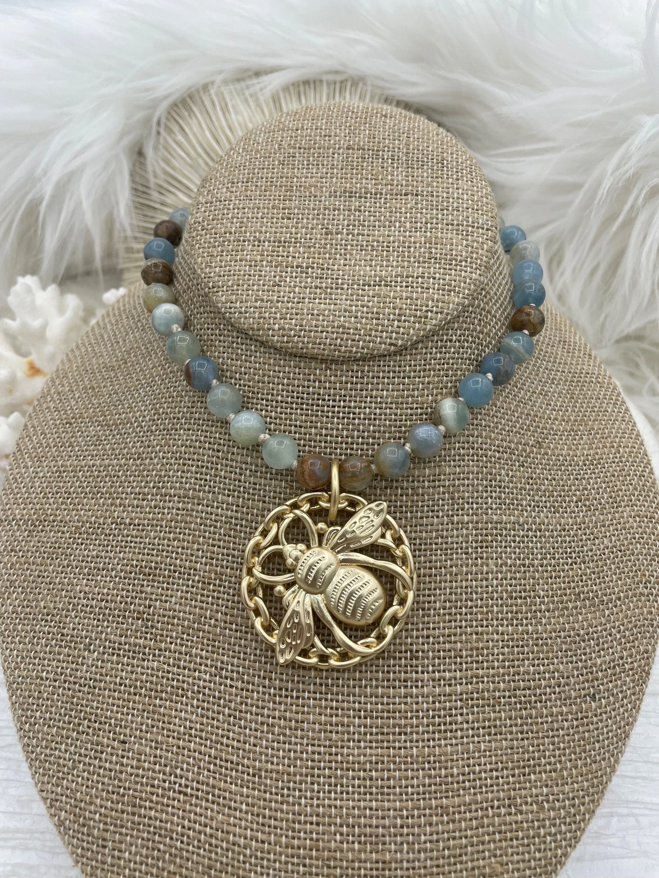 Hand Knotted Stone Necklace AAA Natural Argentine Lemurian Aguatine Calcite Blue Onyx Stone Necklace, 16.5" Long, Gold or Matte Gold End Caps, Fast ship