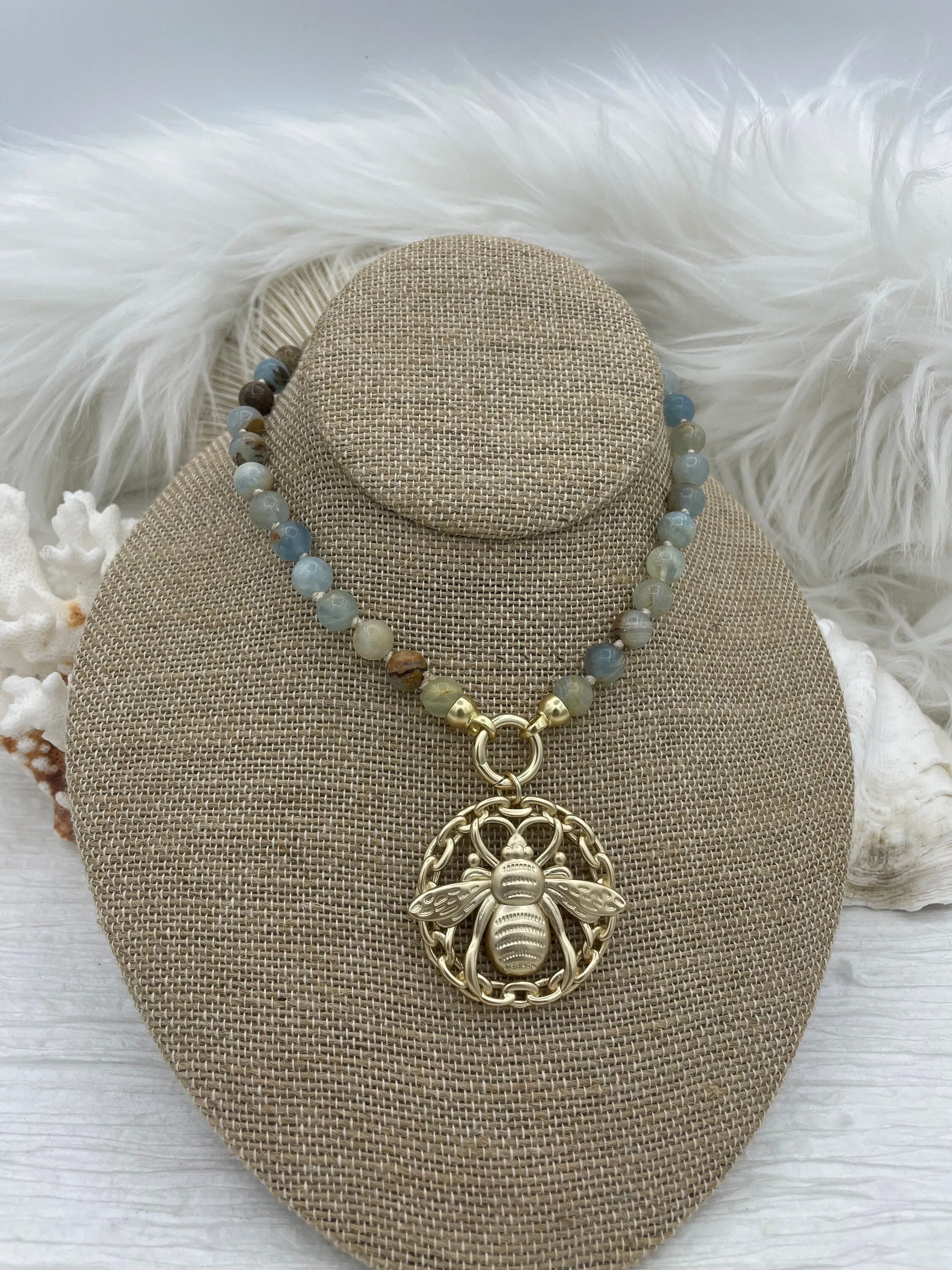 Hand Knotted Stone Necklace AAA Natural Argentine Lemurian Aguatine Calcite Blue Onyx Stone Necklace, 16.5" Long, Gold or Matte Gold End Caps, Fast ship