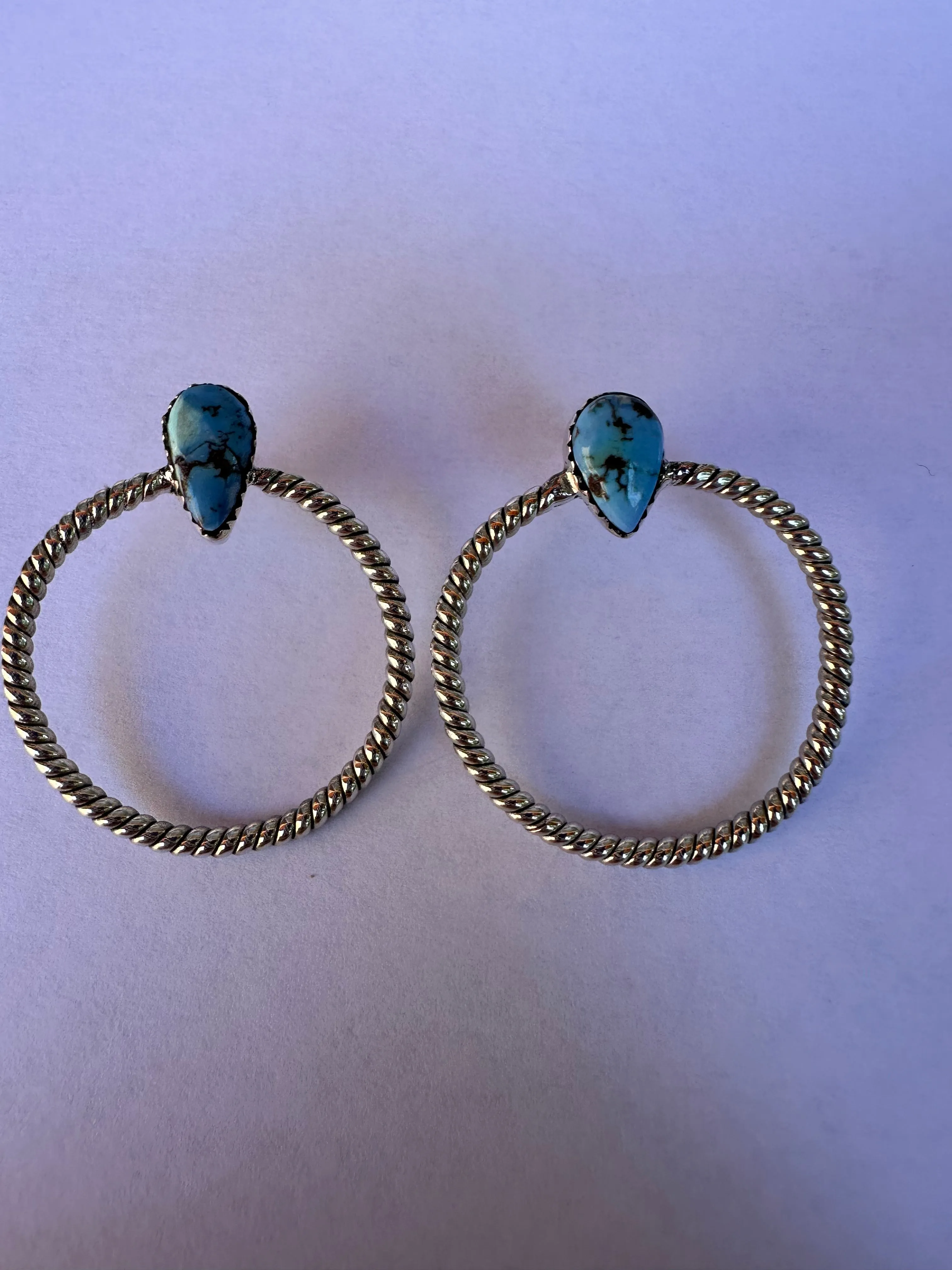 Handmade Golden Hills Turquoise & Sterling Silver Hoop Earrings Signed Nizhoni