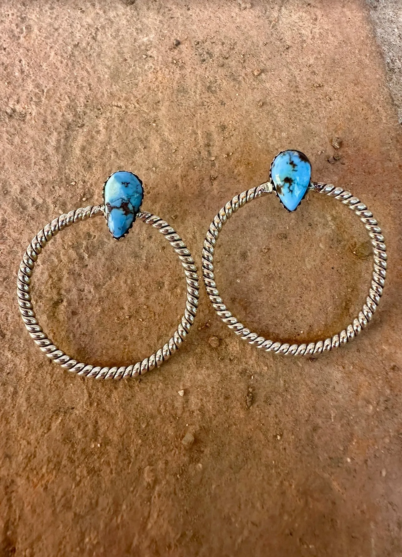 Handmade Golden Hills Turquoise & Sterling Silver Hoop Earrings Signed Nizhoni