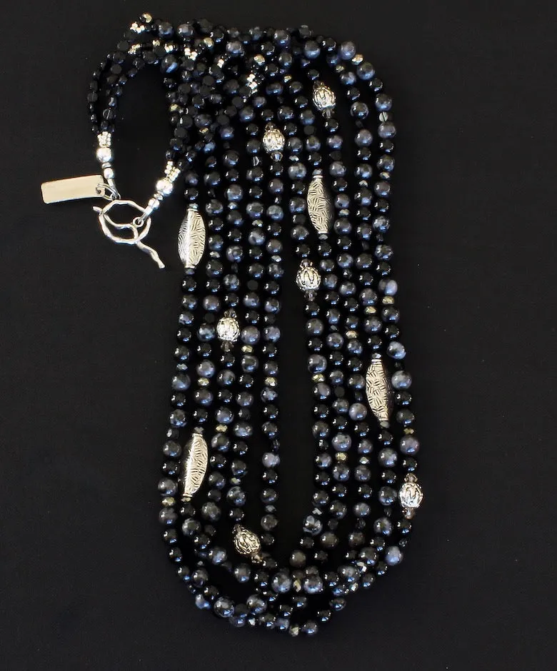 Indigo Gabbro & Black Onyx Rounds 5-Strand Necklace with Black Czechoslovakian Nailheads, Hill Tribe Silver Flat Ovals, and Sterling Silver Ornate Rounds and Toggle Clasp