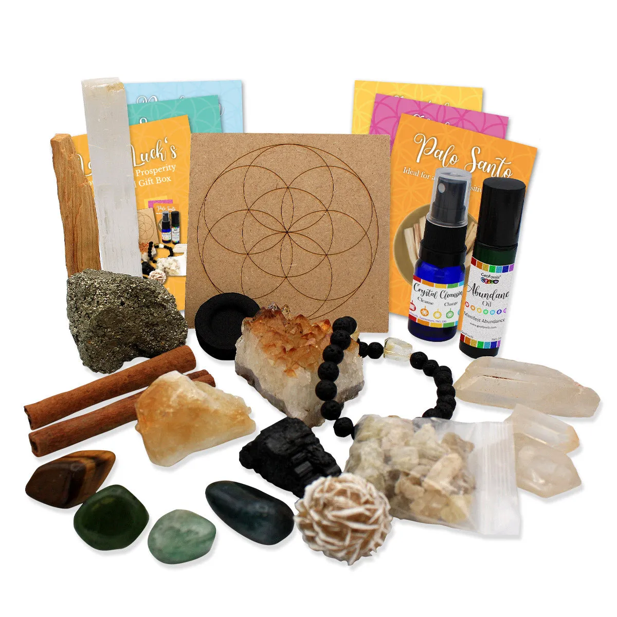 Lady Luck's Abundance & Prosperity 18pc Crystal Gift Box - Black Tourmaline, Palo Santo, Citrine Cluster, Selenite, Pyrite, Crystal Quartz, Desert Rose, Nephrite Jade