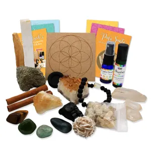 Lady Luck's Abundance & Prosperity 18pc Crystal Gift Box - Black Tourmaline, Palo Santo, Citrine Cluster, Selenite, Pyrite, Crystal Quartz, Desert Rose, Nephrite Jade