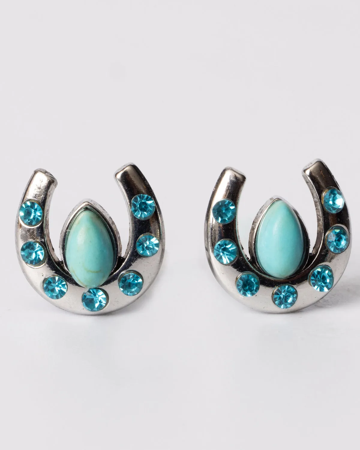 Lucky Horseshoe Turquoise Teardrop and Aqua Blue Crystal Stud Earrings Coastal Cowgirl