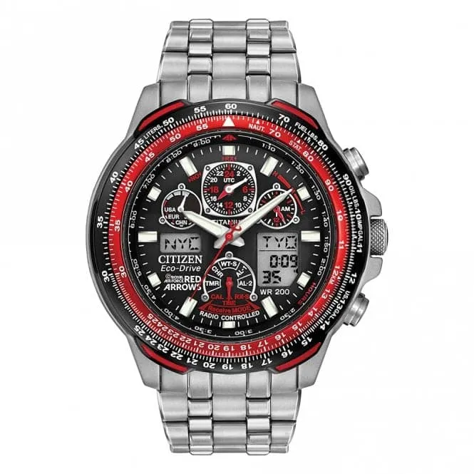 Mens Combo Radio Controlled Global Red Arrows Skyhawk A.T Super Titanium Watch JY8110-51E