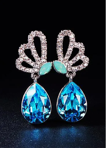 Micro Pave AAA Zircon Butterfly with Blue Austrian Crystal Platinum Plated Stud Earrings