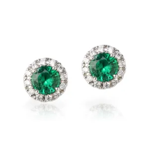 Natural Green Emerald Earrings with Diamond Halo