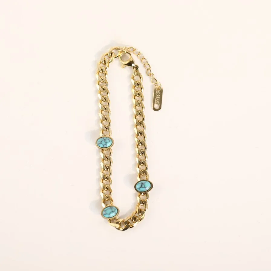 Natural Stone Oval Turquoise Cuban Chain Bracelet