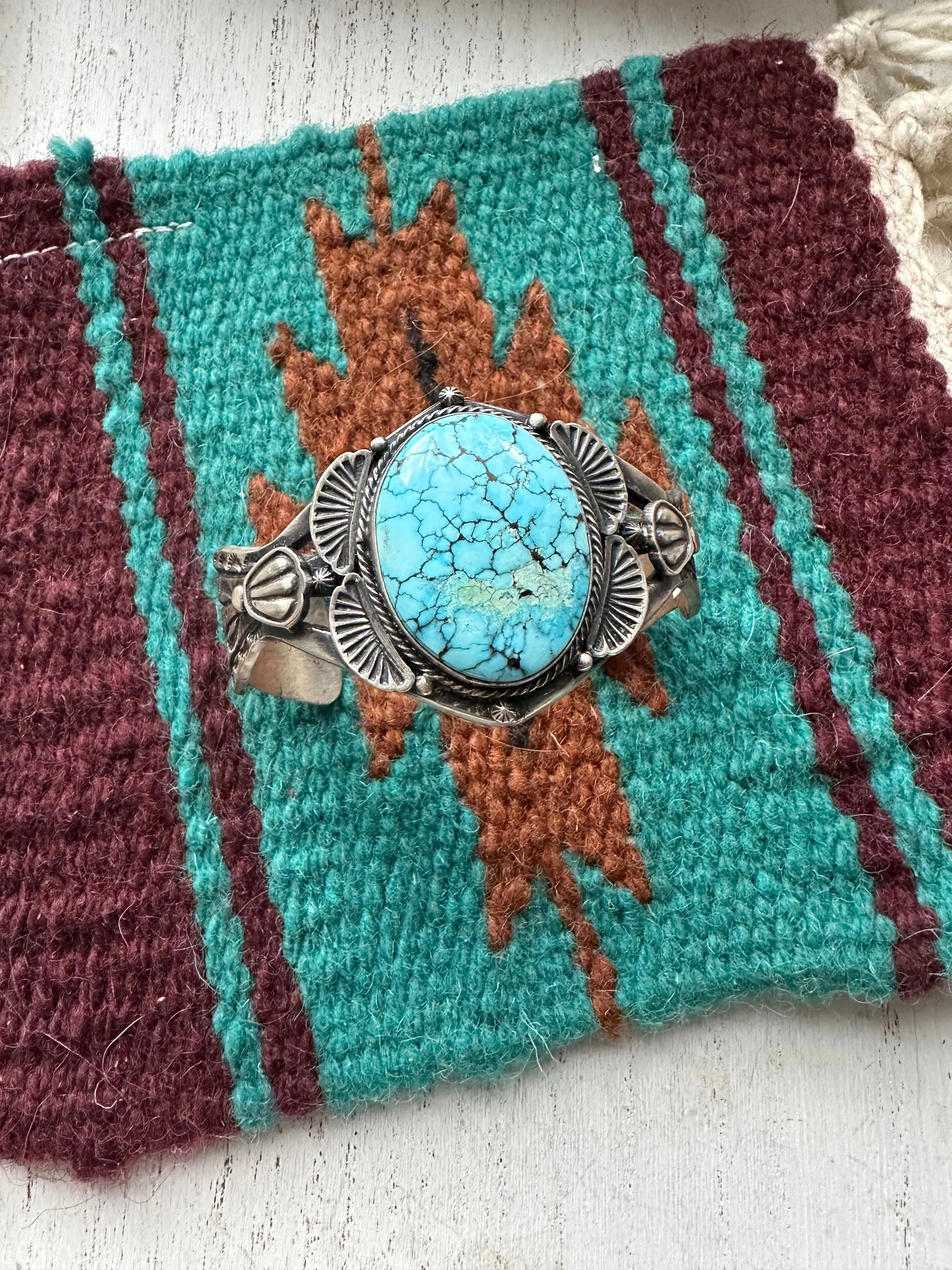 Navajo Kingman Web Turquoise And Sterling Silver Single Stone Cuff Bracelet Signed S.Tso