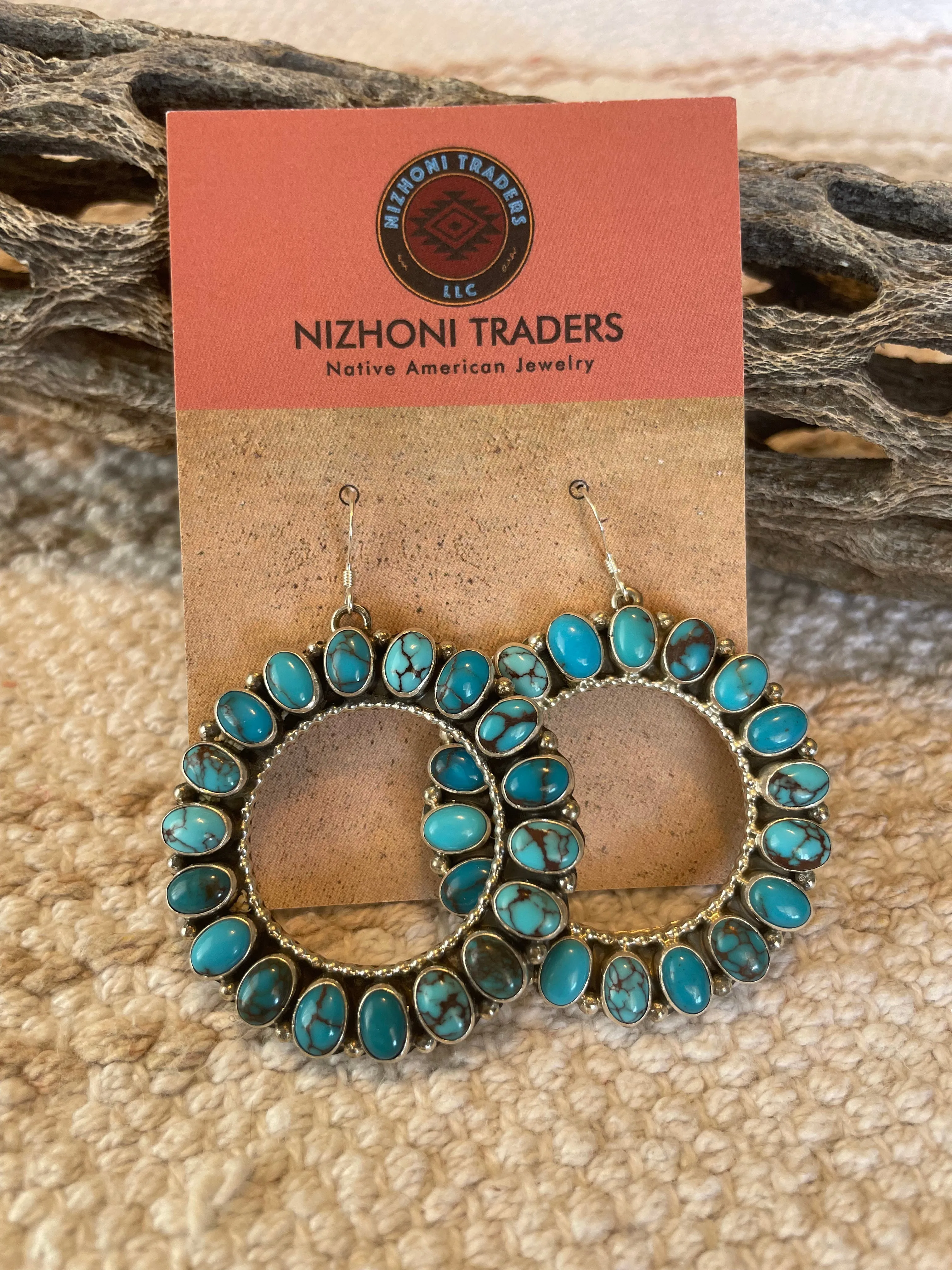 Navajo Lone Mountain Turquoise And Sterling Silver Hoop Earrings