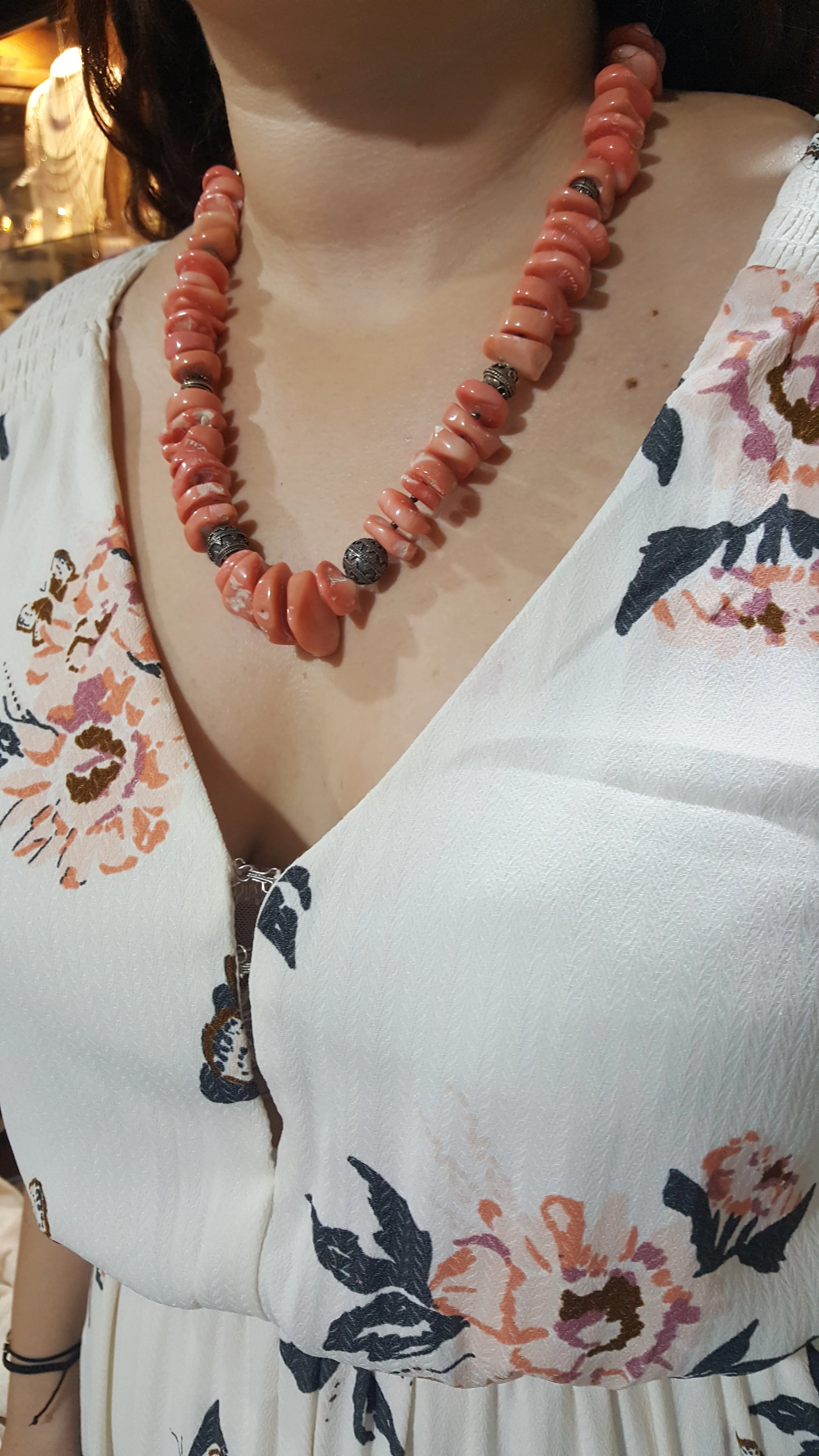 Necklace with baroque Pink Coral Stones (Angel Skin) and Silver Elements