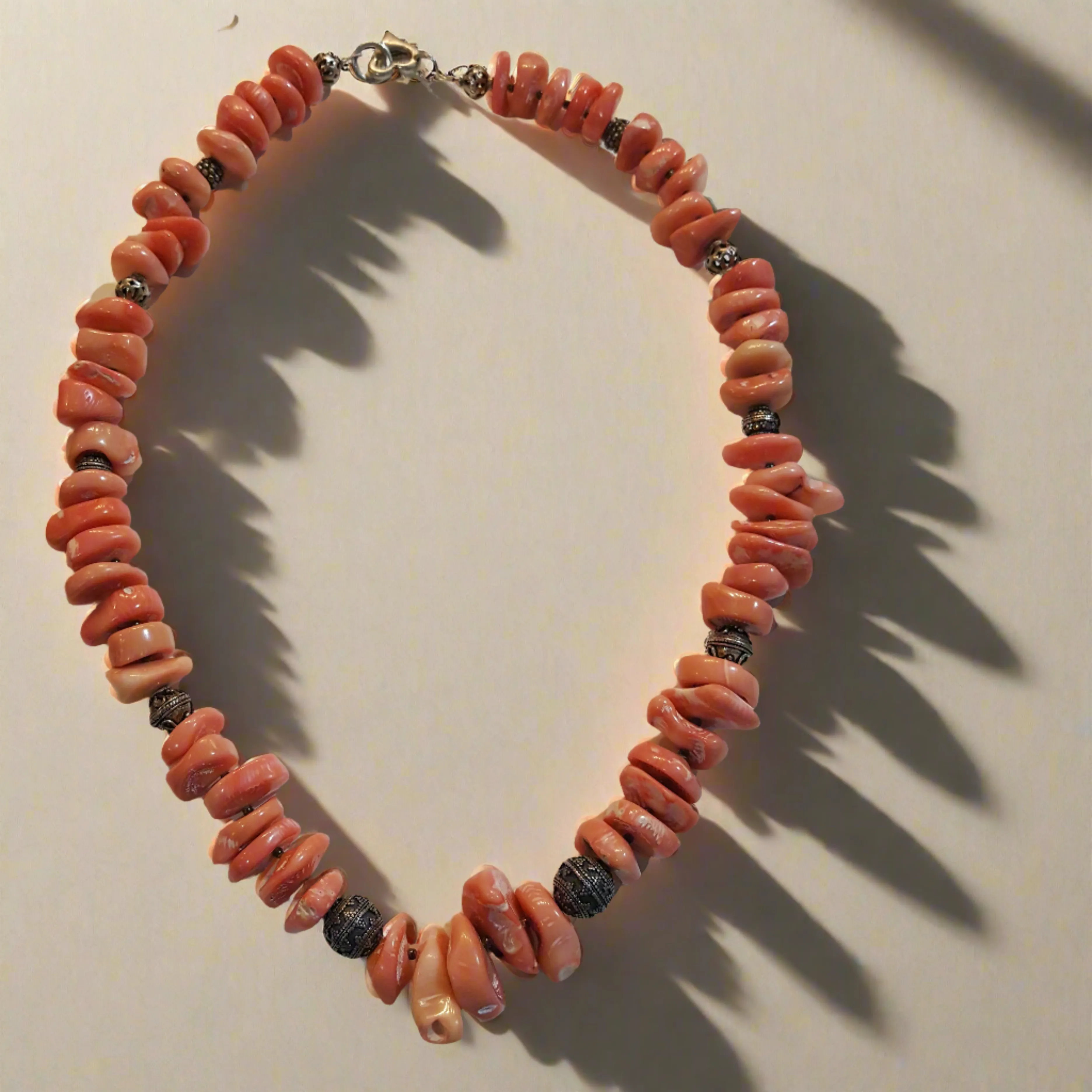 Necklace with baroque Pink Coral Stones (Angel Skin) and Silver Elements