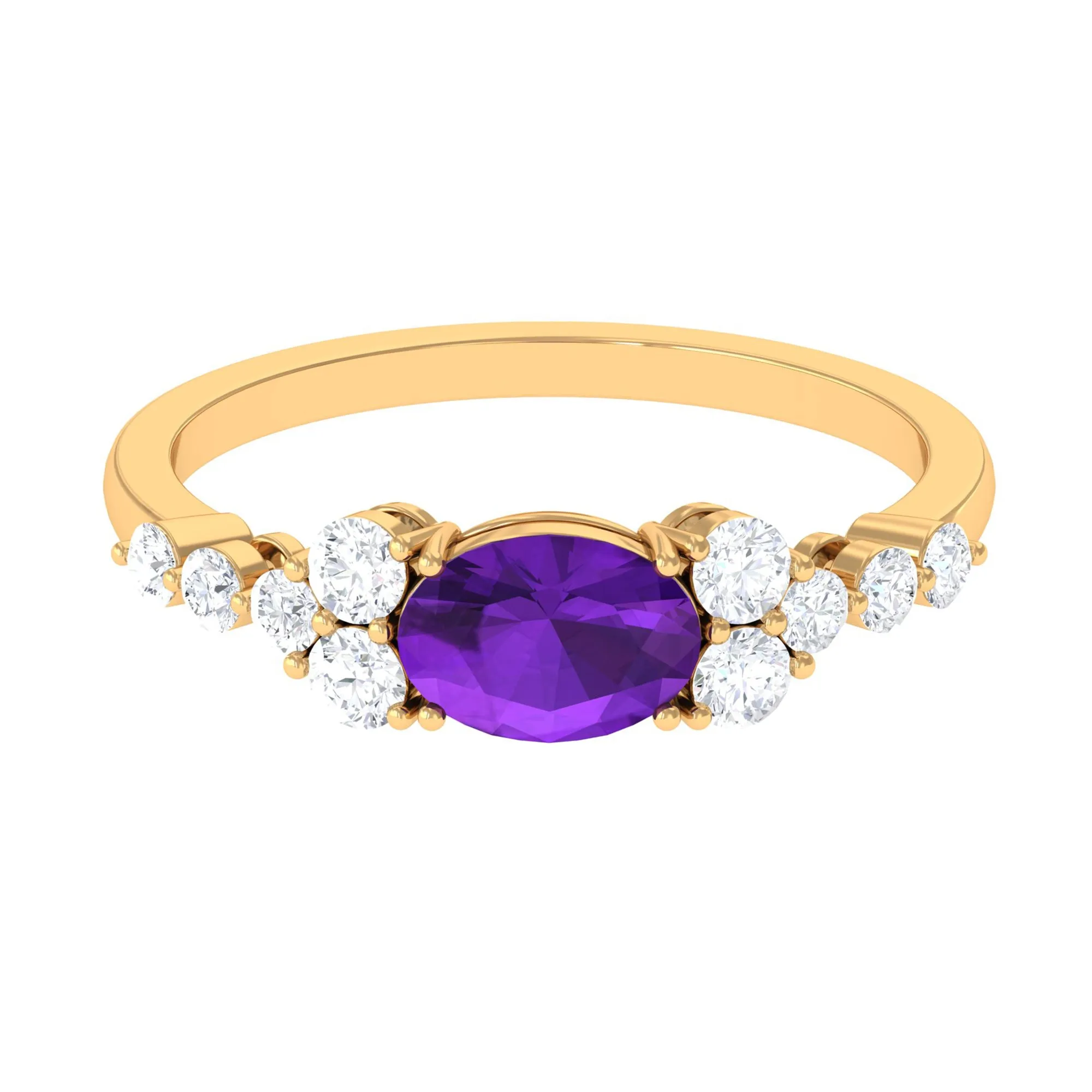 Oval Amethyst East West Ring with Diamond Side Stones