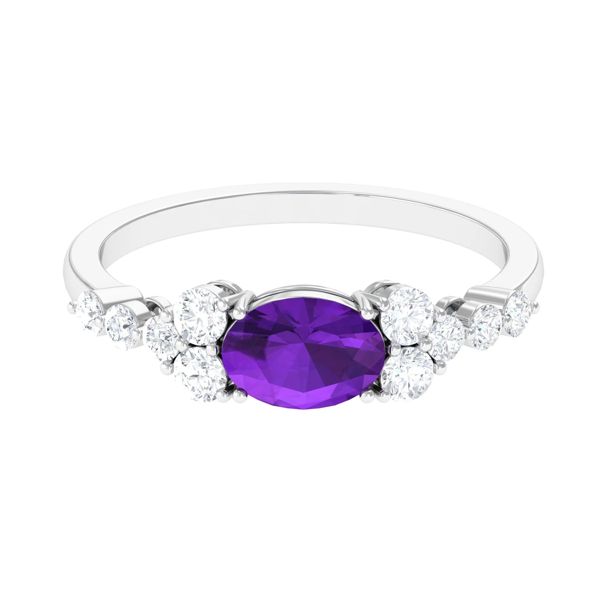 Oval Amethyst East West Ring with Diamond Side Stones