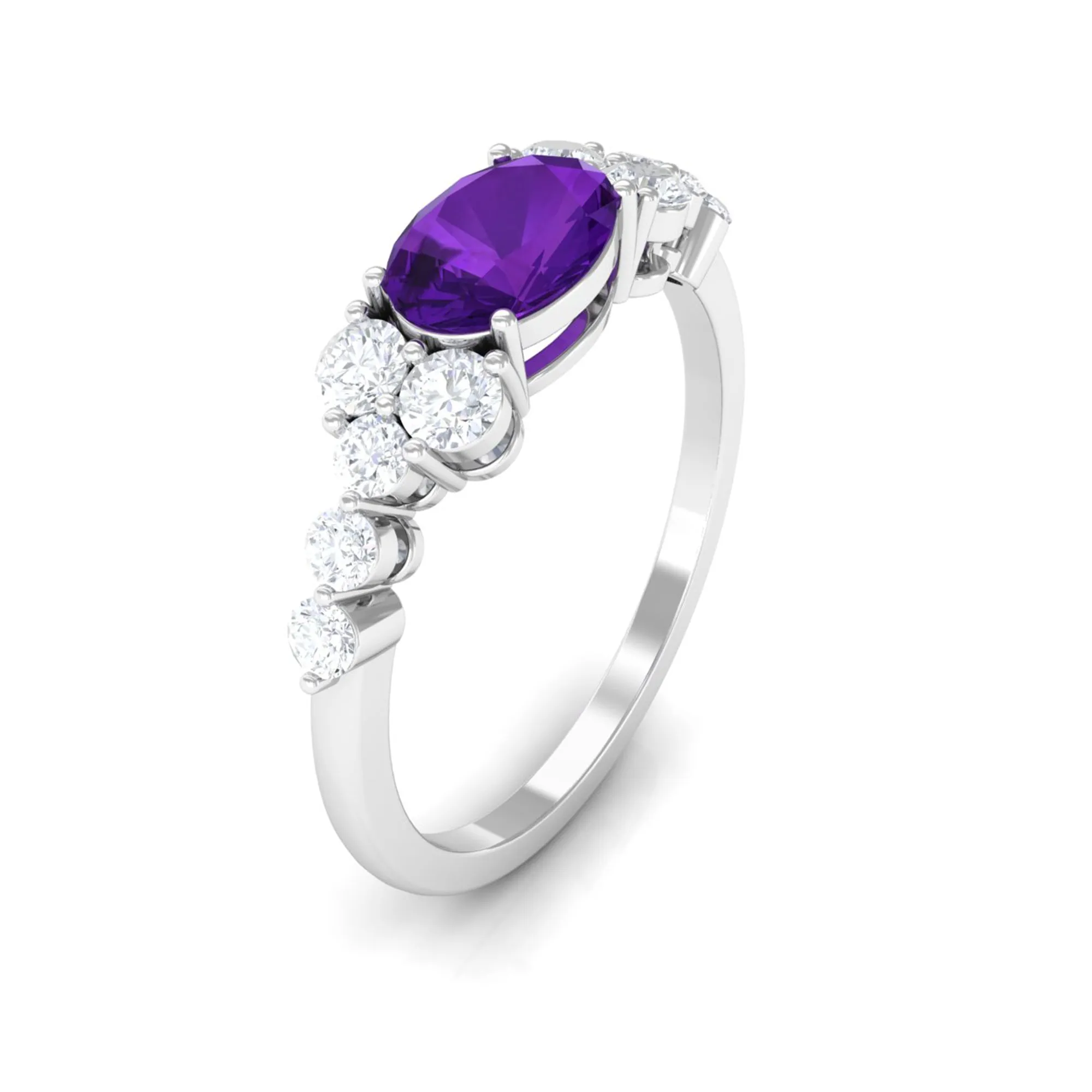 Oval Amethyst East West Ring with Diamond Side Stones