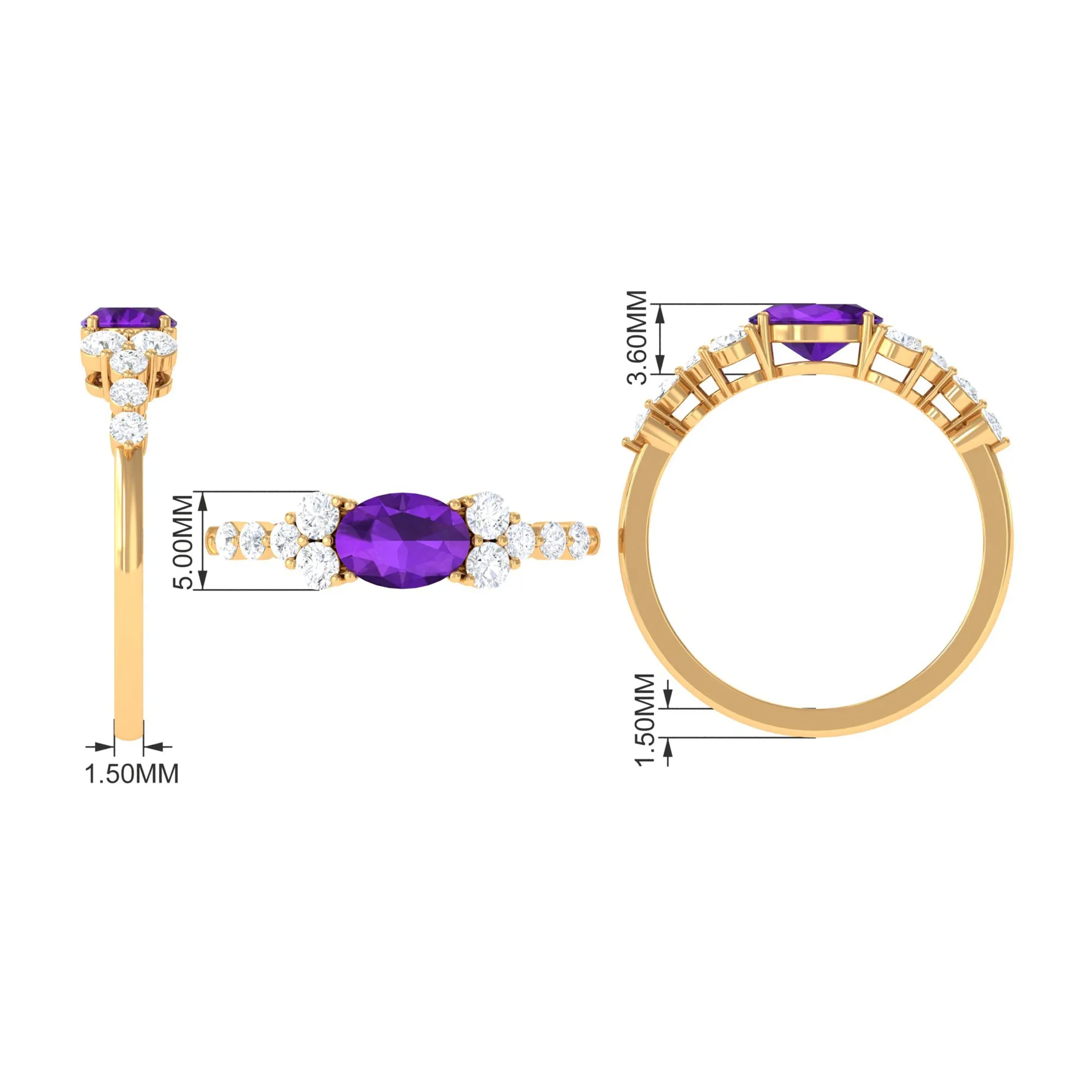 Oval Amethyst East West Ring with Diamond Side Stones