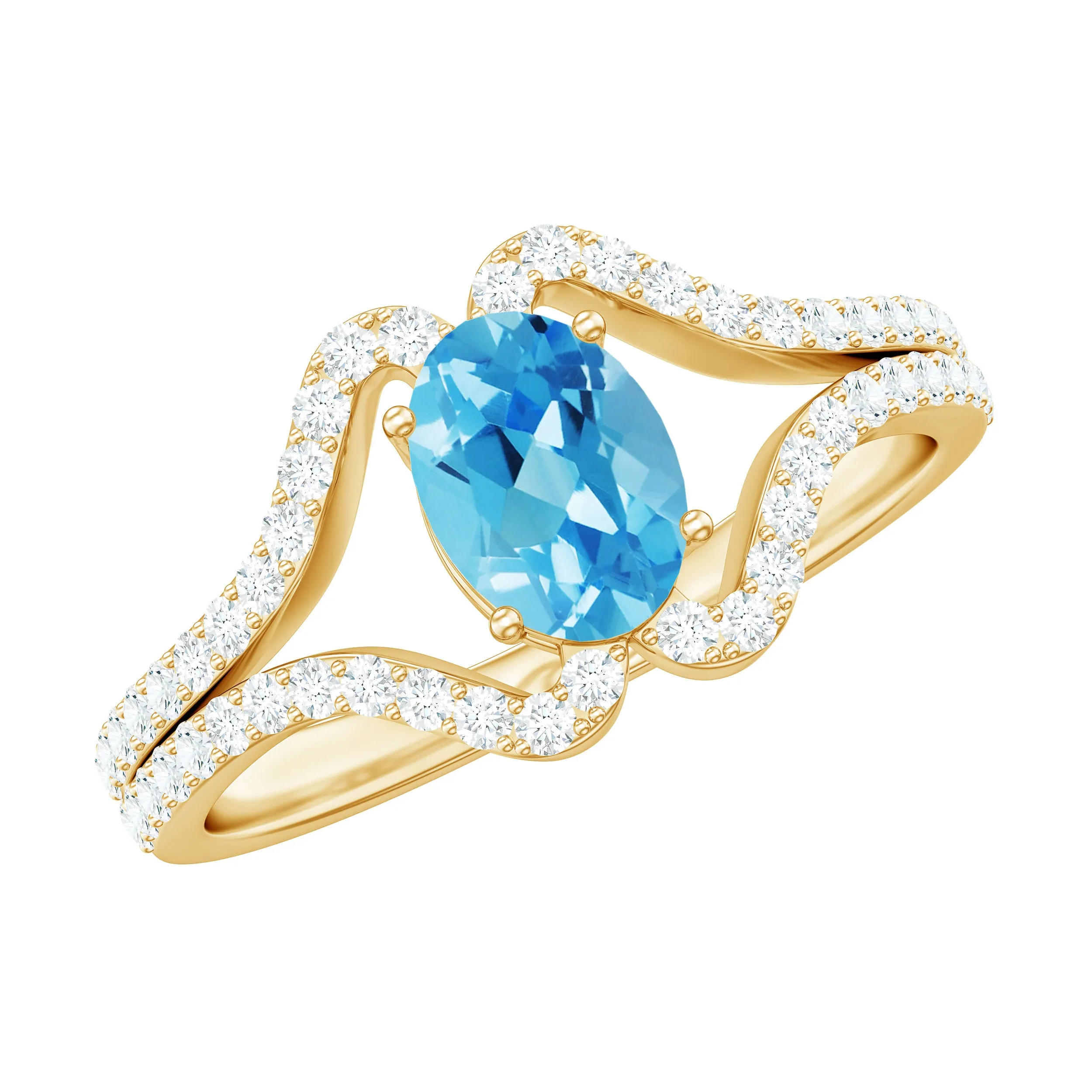 Oval Cut Swiss Blue Topaz and Diamond Ring with Split Shank