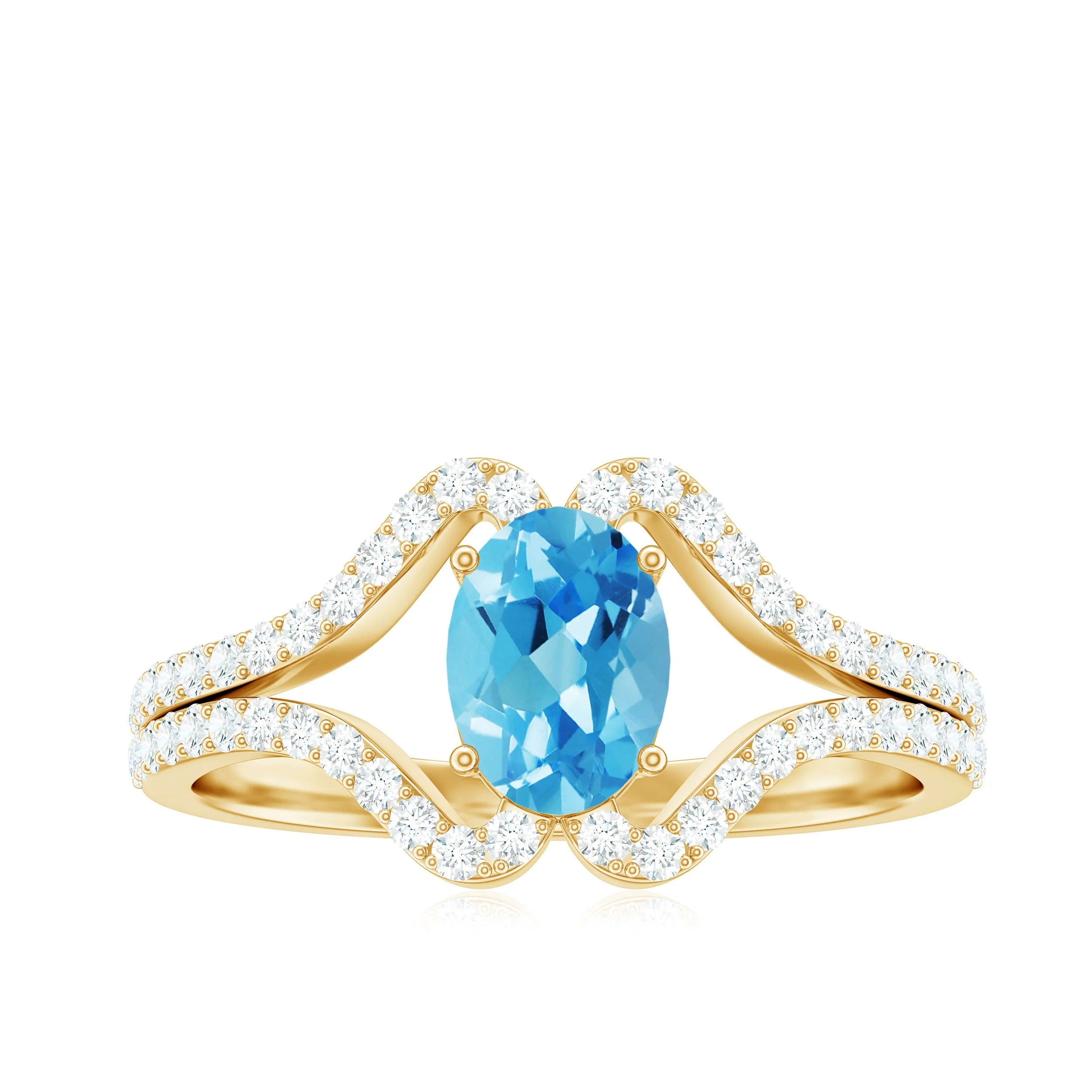 Oval Cut Swiss Blue Topaz and Diamond Ring with Split Shank